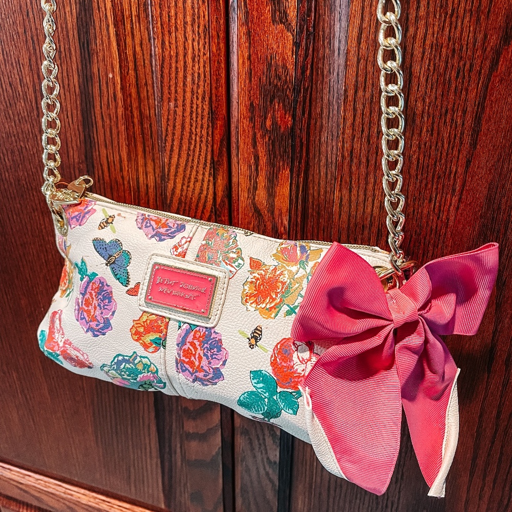 Betsey Johnson Crossbody Colorful Floral Bees Butterflies Gold Chain Bow Purse